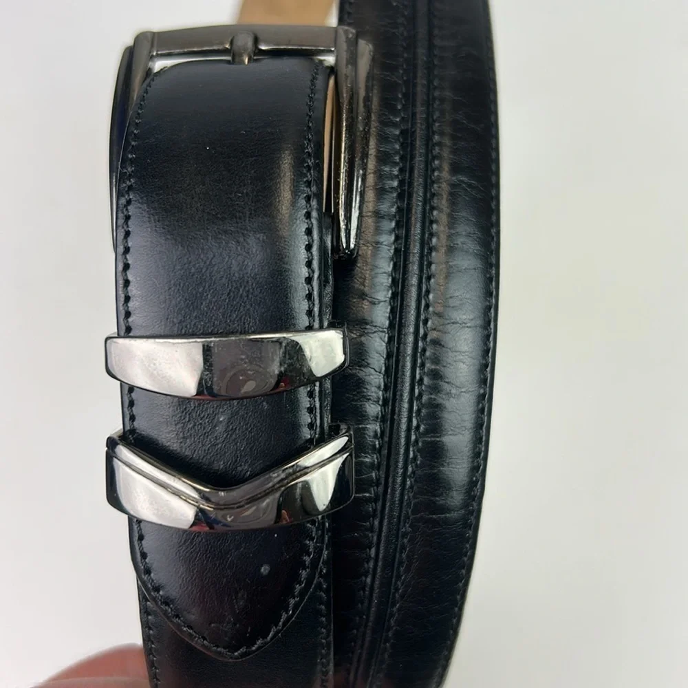 Mezlan Designer Black Leather Belt Silver Metal Buckle Made in Spain